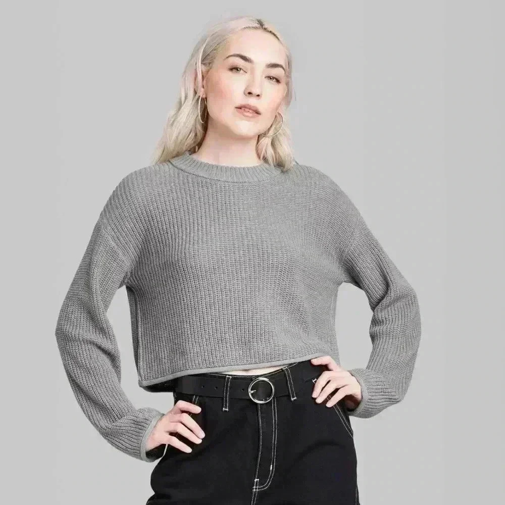 Wild Fable Black Boxy Cropped Sweater with Flare sleeves, size Medium